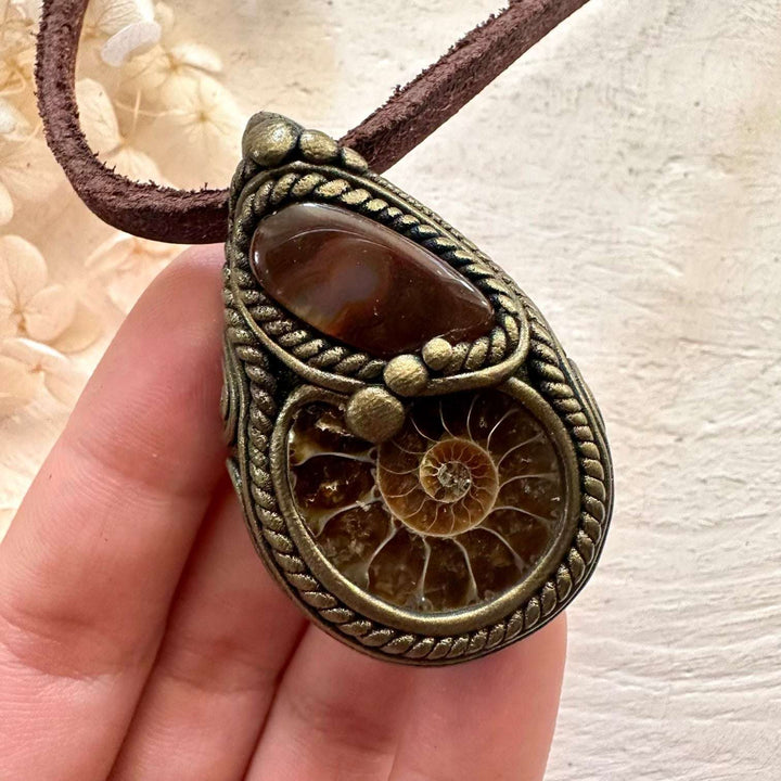 Ammonite and Fire Agate Necklace - FairyGardenGlow