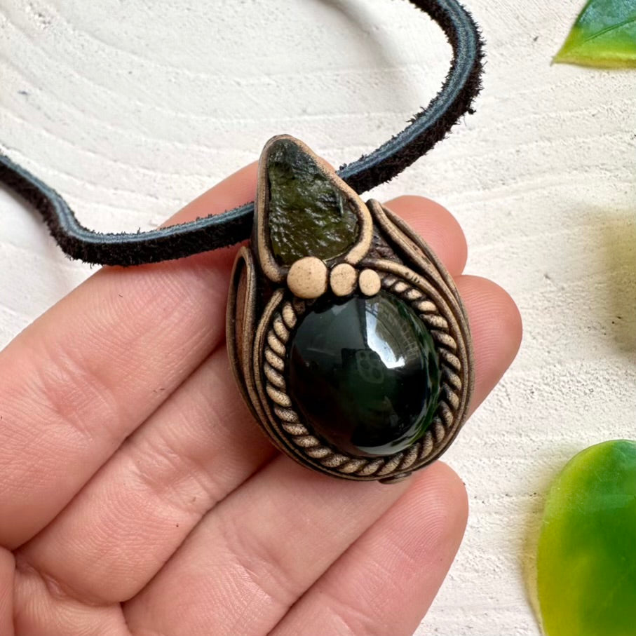 Rainbow Obsidian and Moldavite Pendant Necklace