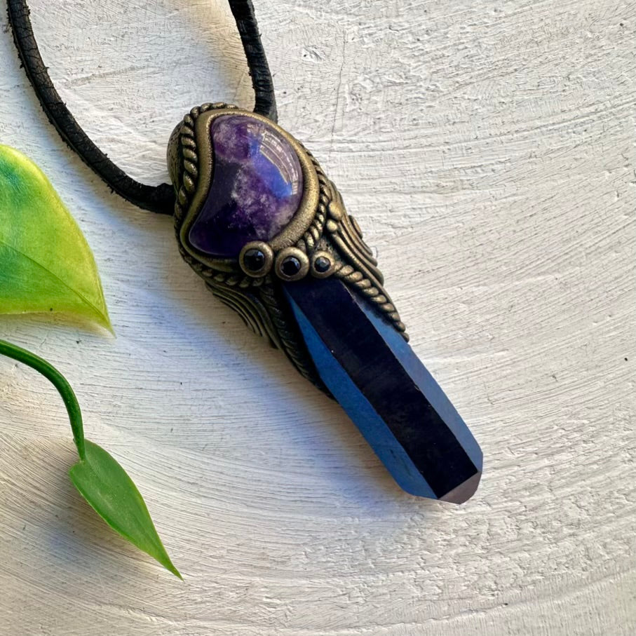 Healing crystal necklace featuring Cobalt Aura Quartz and Amethyst moon