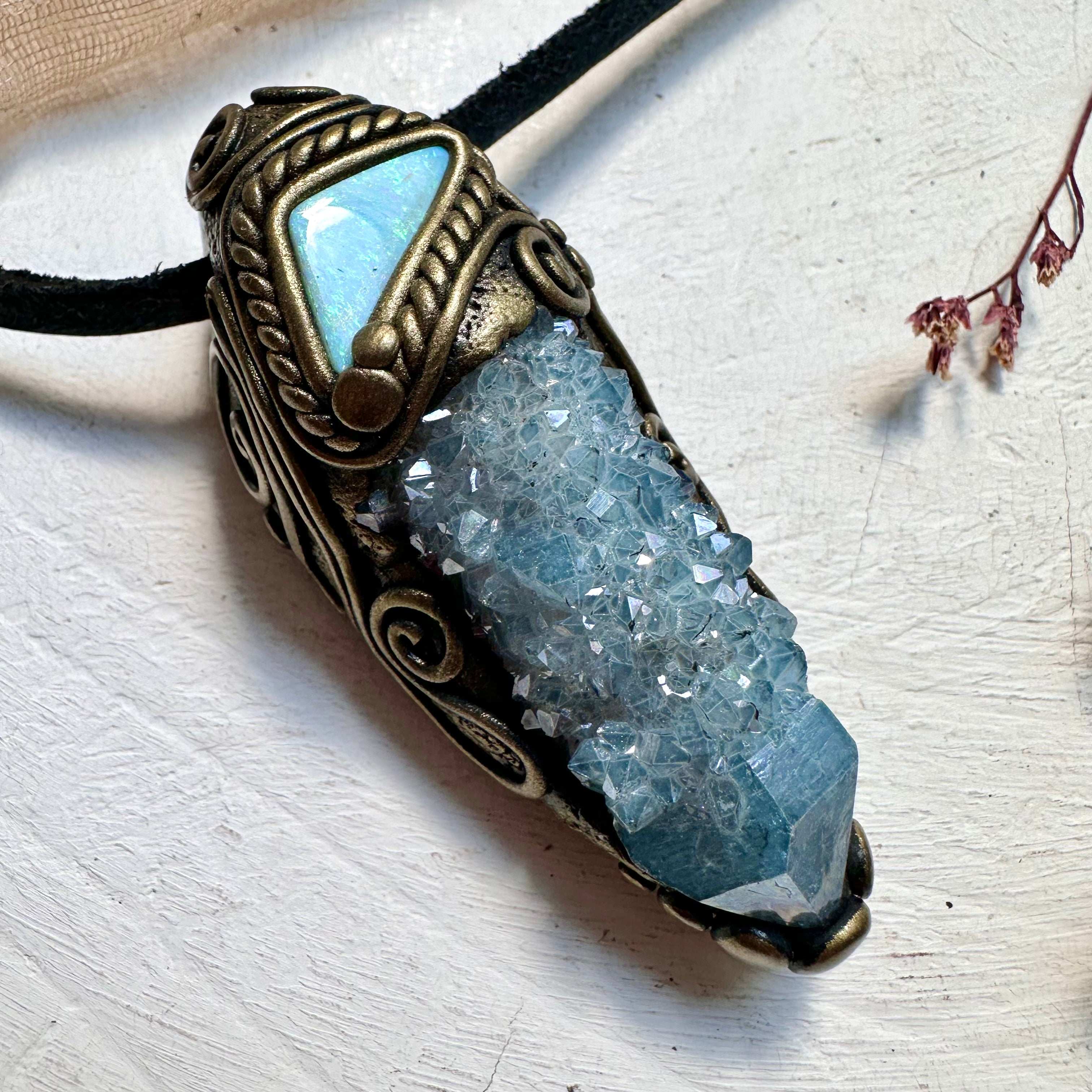 Aqua Aura Spirit Quartz and Australian Opal Doublet Necklace - FairyGardenGlow