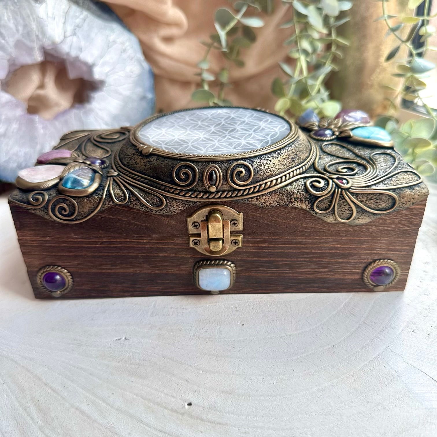 Witchy crystal keepsake box with Flower of Life selenite and fantasy inspired gemstone design