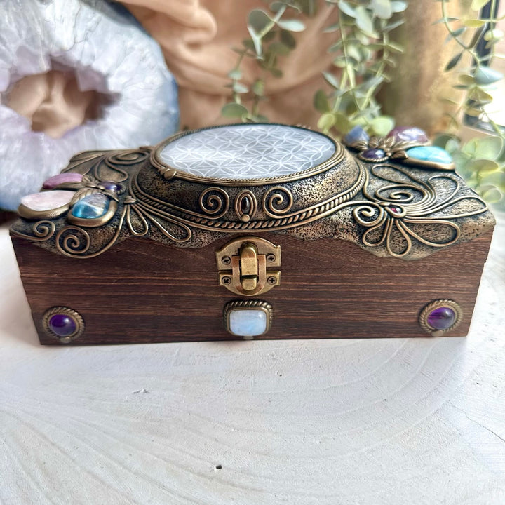 Witchy crystal keepsake box with Flower of Life selenite and fantasy inspired gemstone design