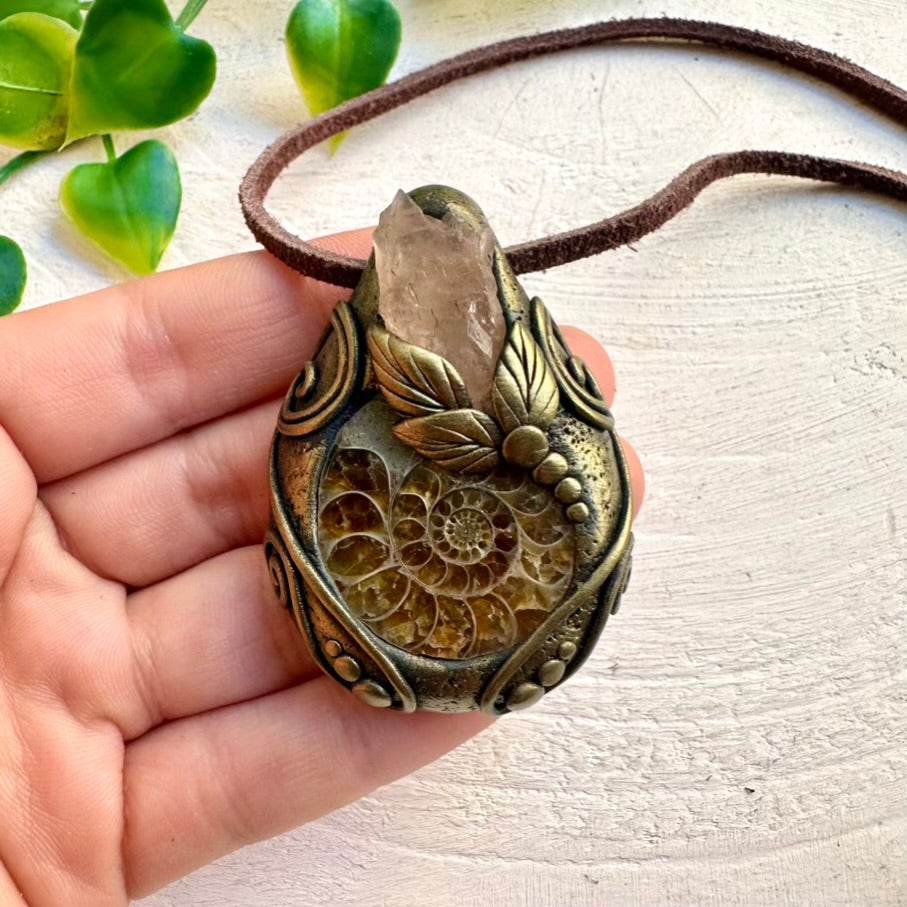 Ammonite and Pink Amethyst Pendant Necklace