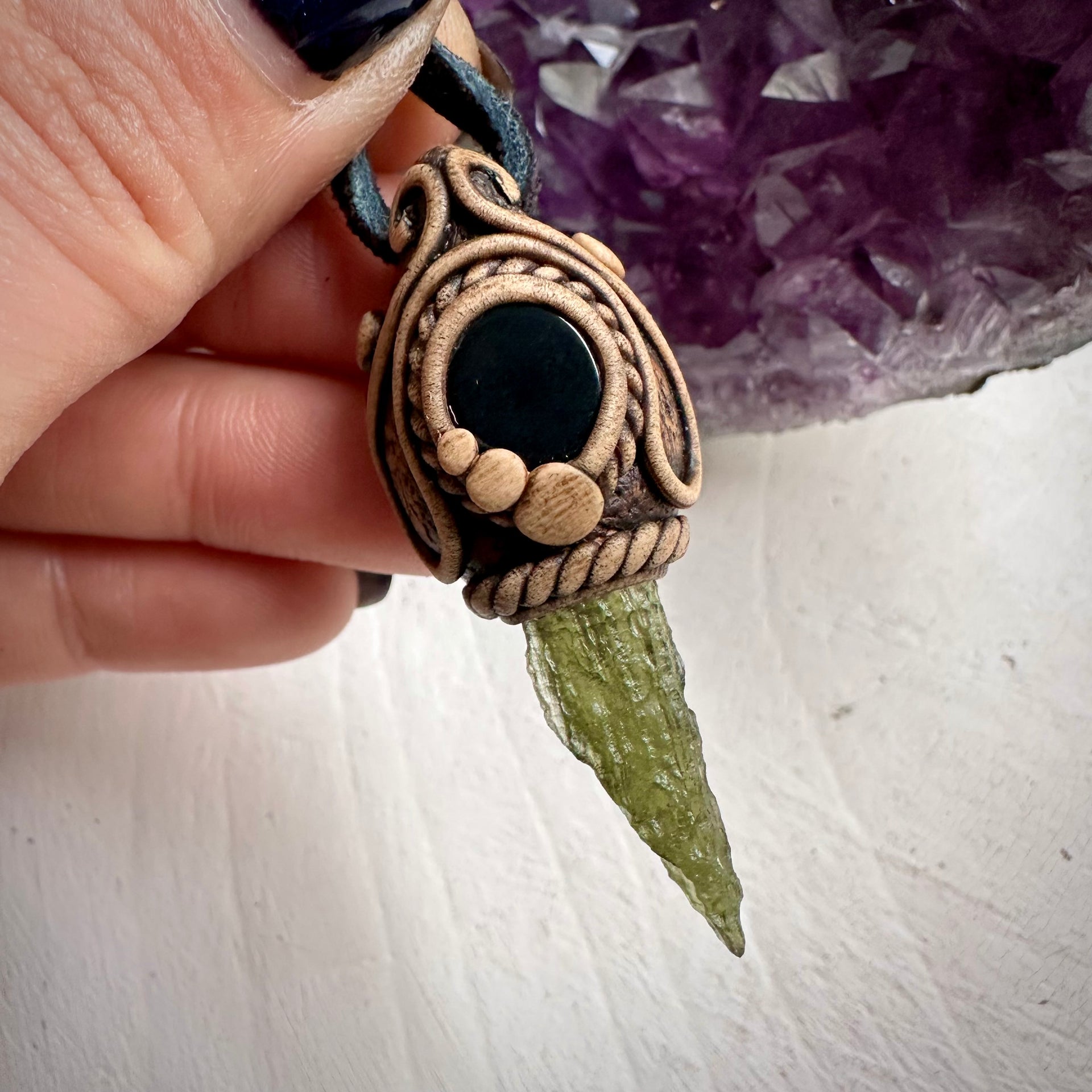 Moldavite and Black Onyx Necklace - FairyGardenGlow