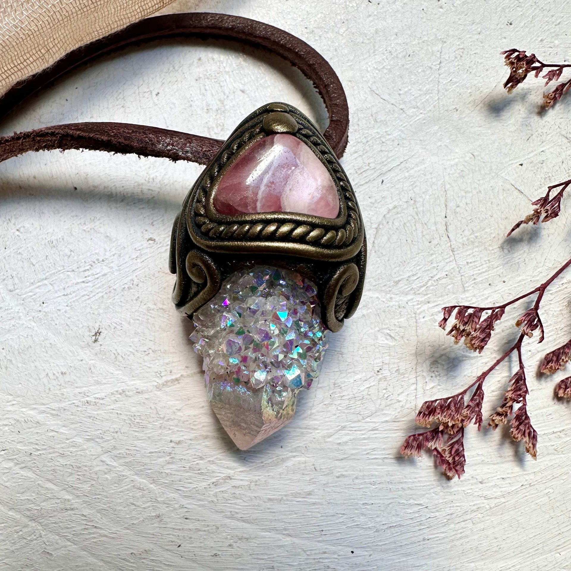 Angel Aura Spirit Quartz and Rhodochrosite Crystal Necklace - FairyGardenGlow