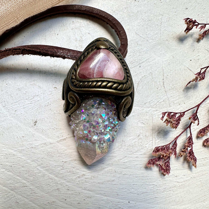 Angel Aura Spirit Quartz and Rhodochrosite Crystal Necklace - FairyGardenGlow