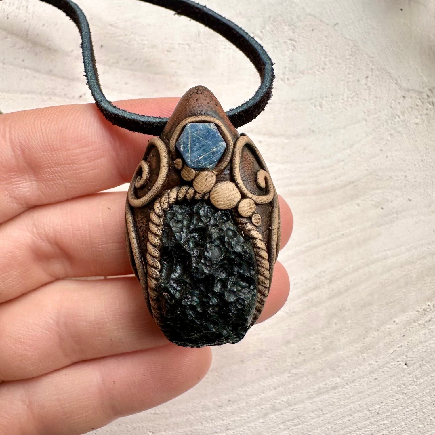 Black Tektite and Blue Sapphire Pendant Necklace
