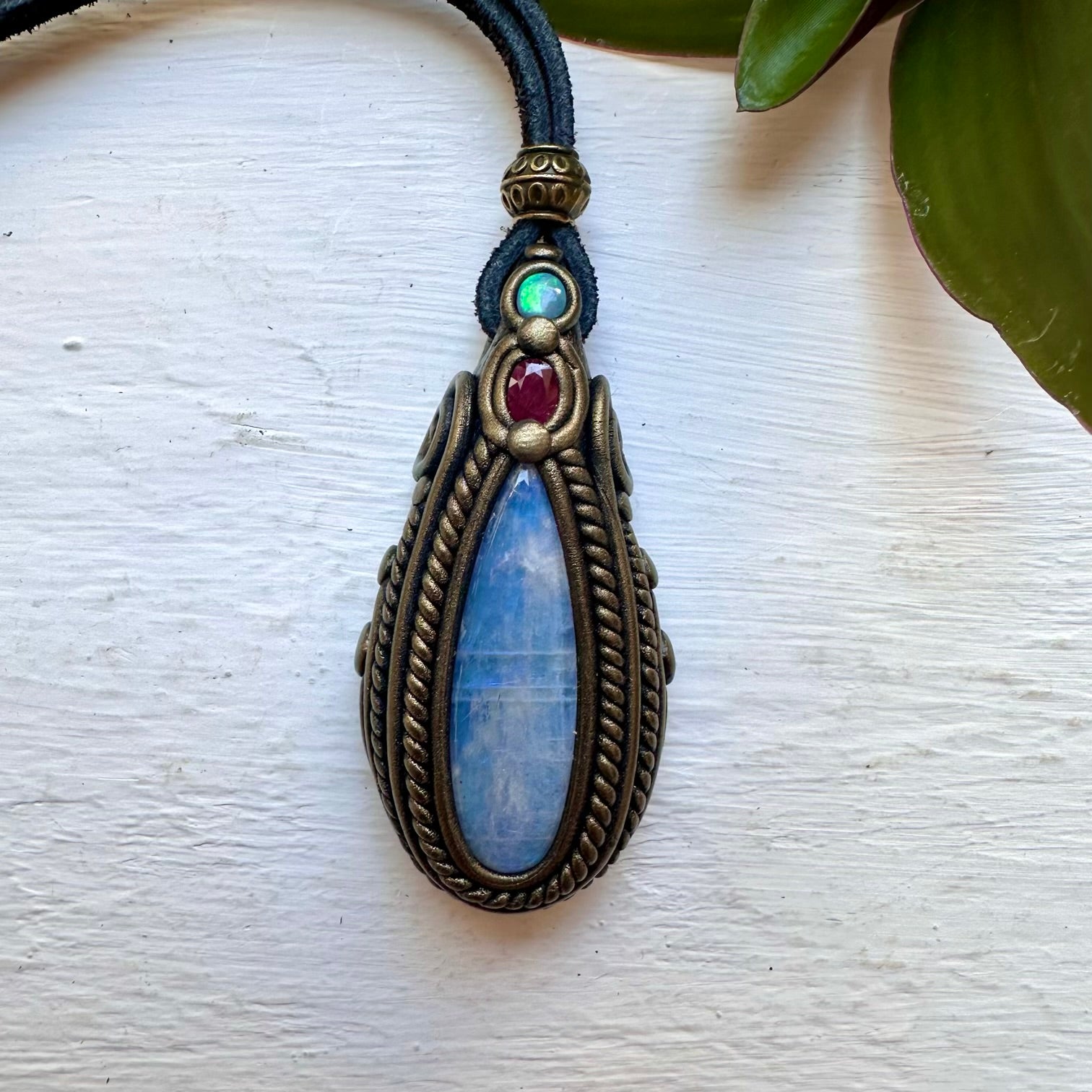 Rainbow Moonstone Ruby and Australian Opal Necklace - FairyGardenGlow