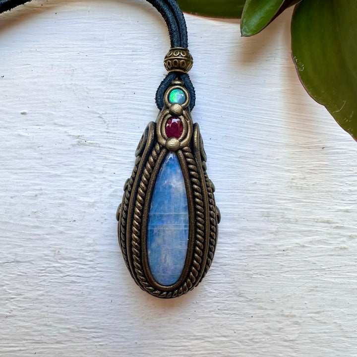 Rainbow Moonstone Ruby and Australian Opal Necklace - FairyGardenGlow
