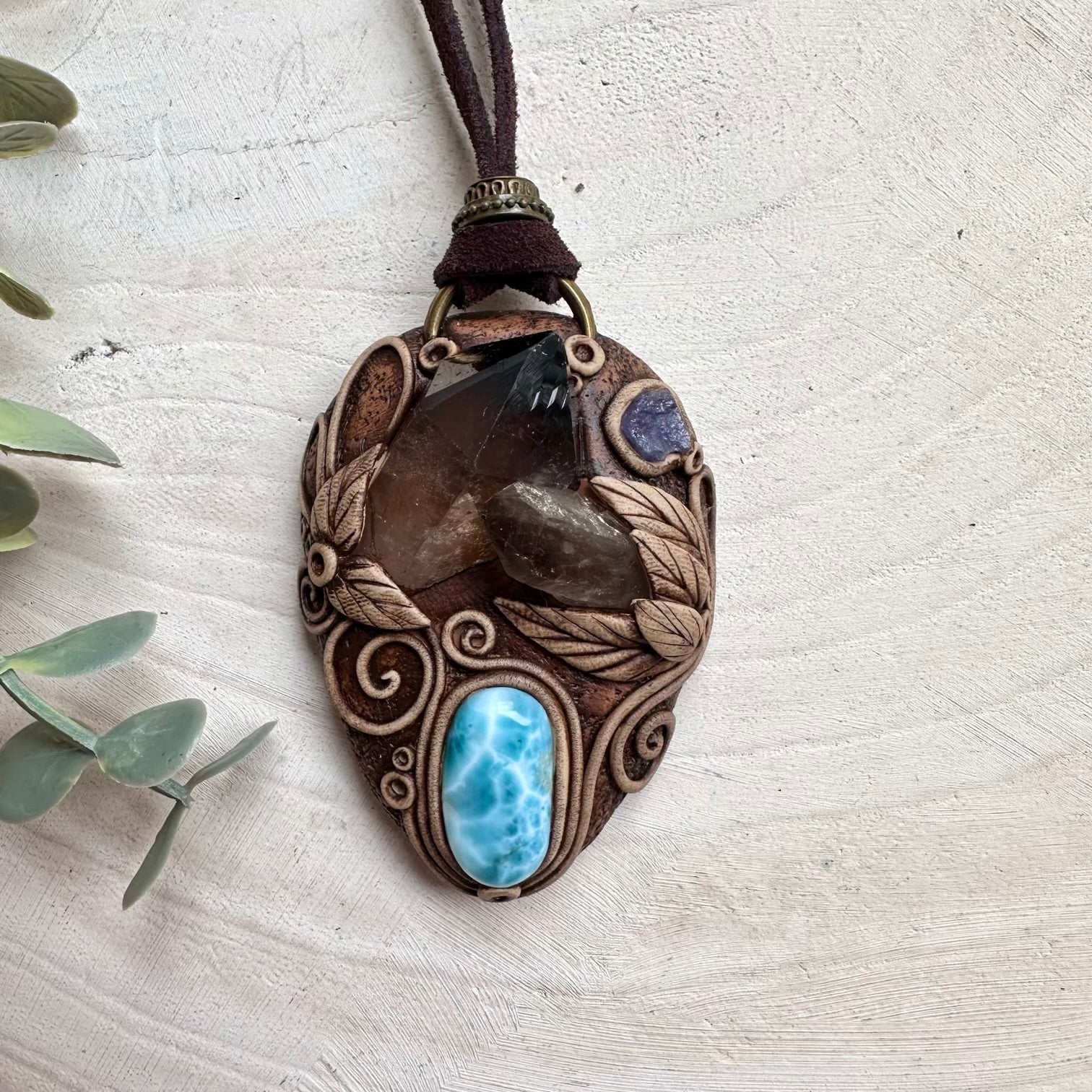Handmade talisman necklace with smoky quartz cluster