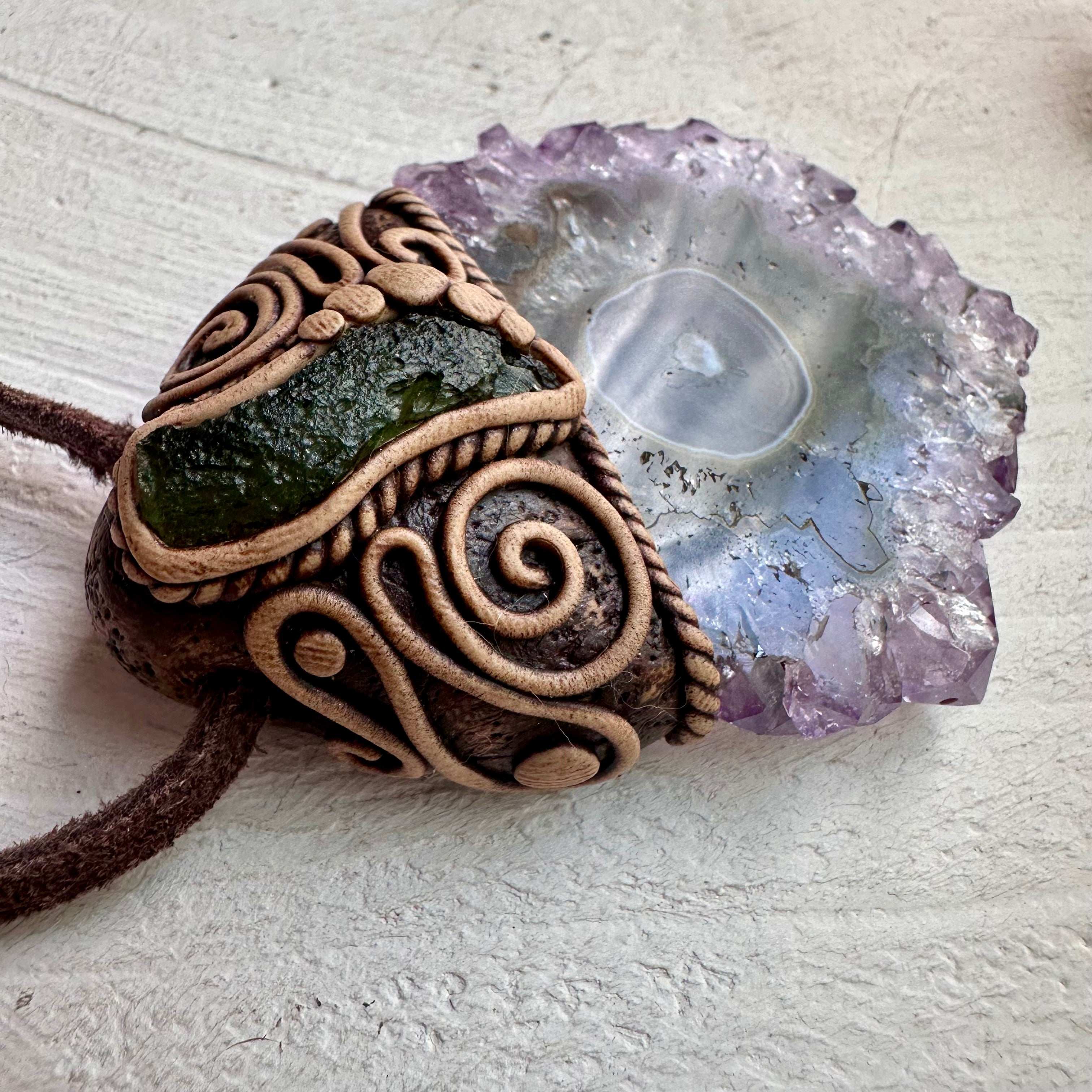 Amethyst Stalactite and Moldavite Pendant Necklace - FairyGardenGlow