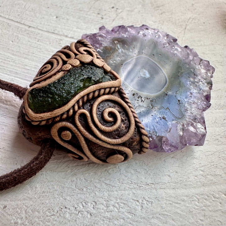 Amethyst Stalactite and Moldavite Pendant Necklace - FairyGardenGlow