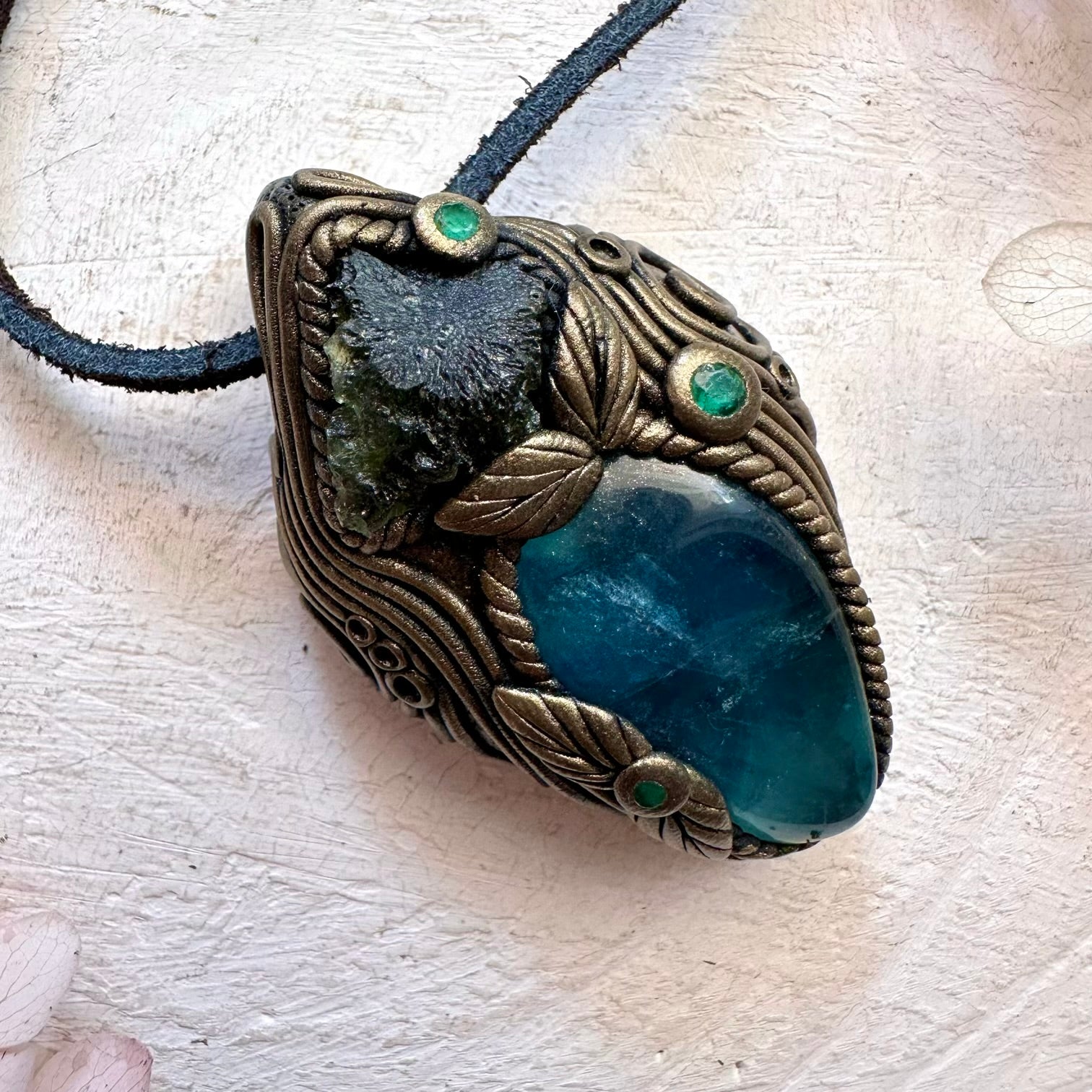 Blue Fluorite Moldavite and Emerald Pendant Necklace - FairyGardenGlow