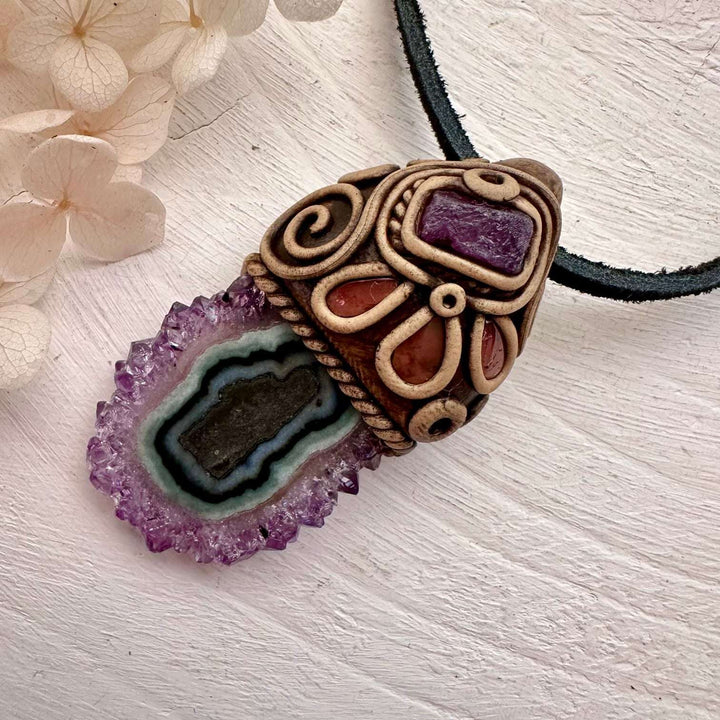 Amethyst Stalactite Ruby and Pink Tourmaline Handmade Crystal Necklace - FairyGardenGlow