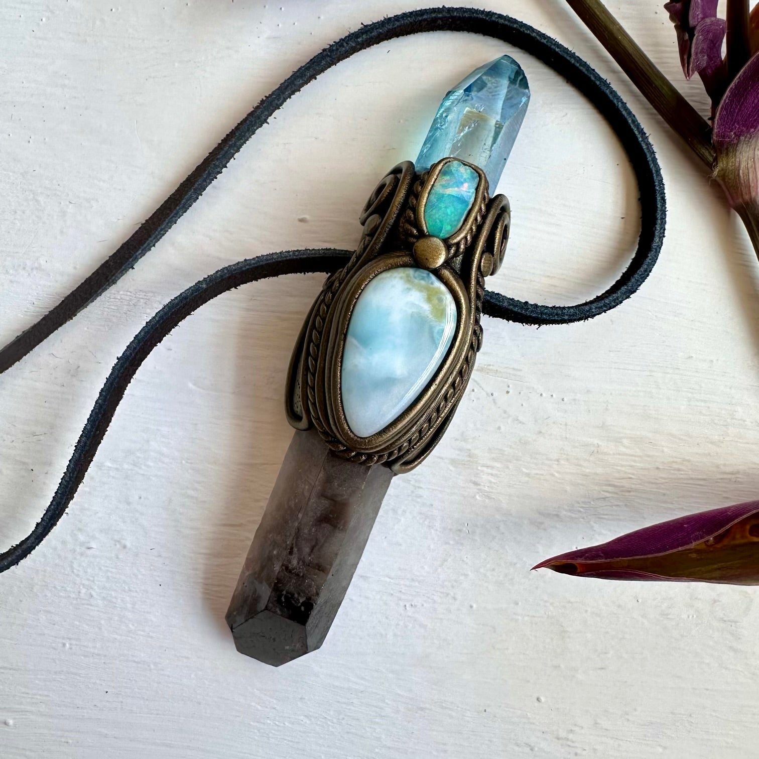 Smoky Quartz Aqua Aura Quartz Larimar and Raw Ethiopian Opal Wand / Necklace - FairyGardenGlow