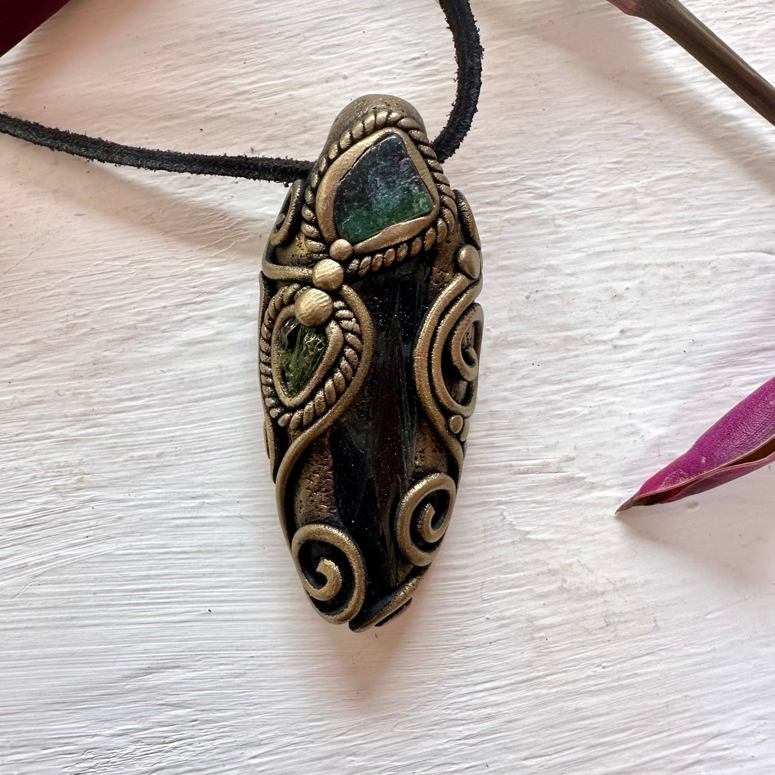Vivianite Blue-Green Tourmaline and Moldavite Pendant Necklace - FairyGardenGlow