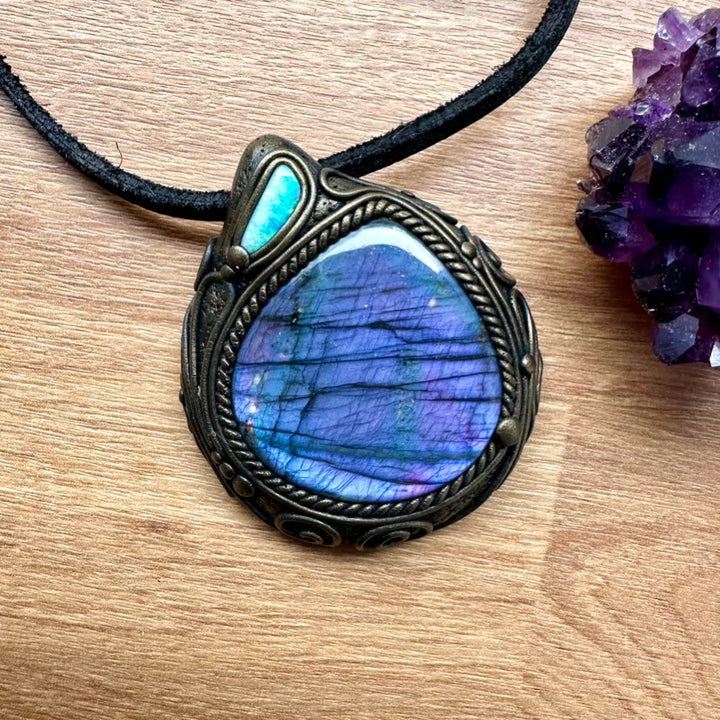 Large Purple Labradorite and Australian Opal Necklace, Unique Crystal Pendant - FairyGardenGlow