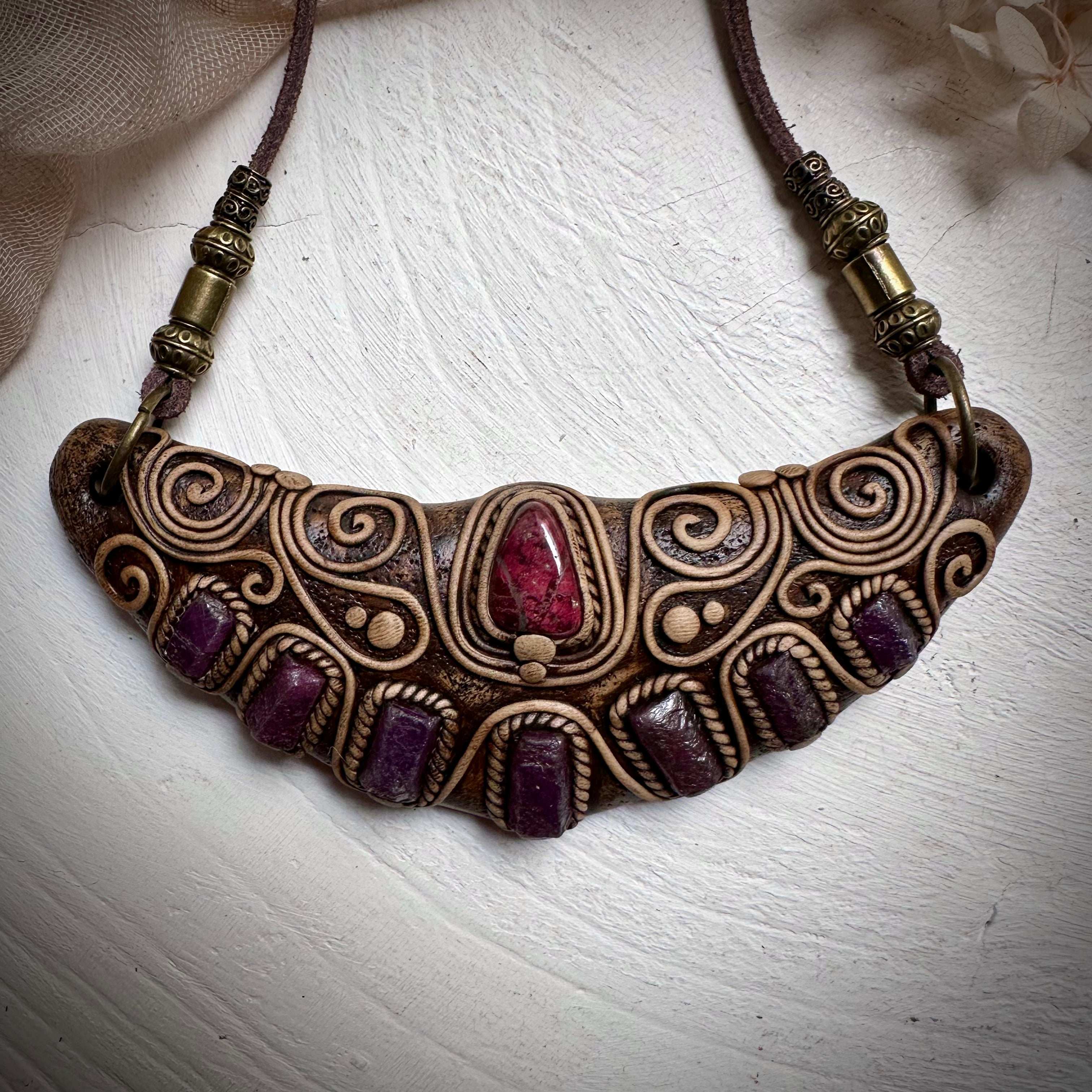 Thulite and Ruby Statement Necklace - FairyGardenGlow