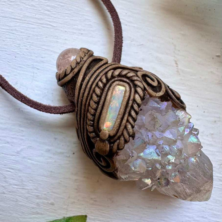 Angel Aura Spirit Quartz Morganite and Australian Opal Pendant Necklace - FairyGardenGlow