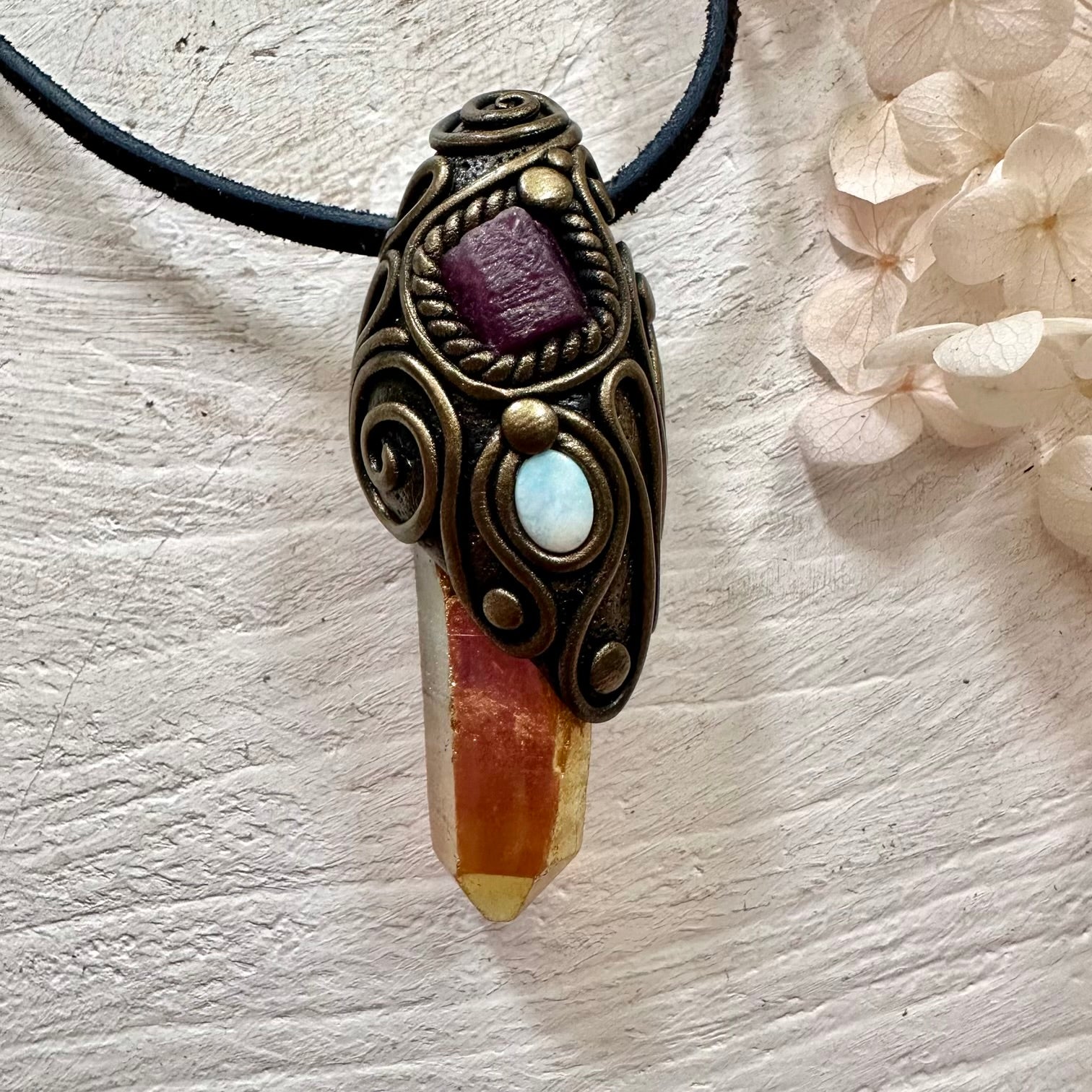 Sunset Aura Quartz Ruby and Australian Opal Necklace - FairyGardenGlow
