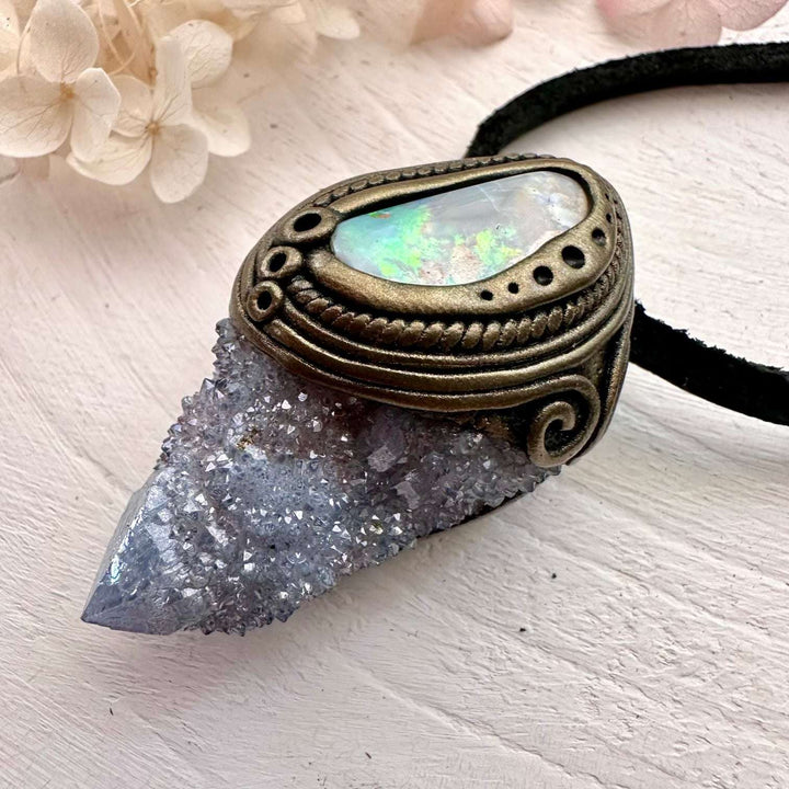 Aqua Aura Spirit Quartz and Coober Pedy Australian Opal Necklace - FairyGardenGlow