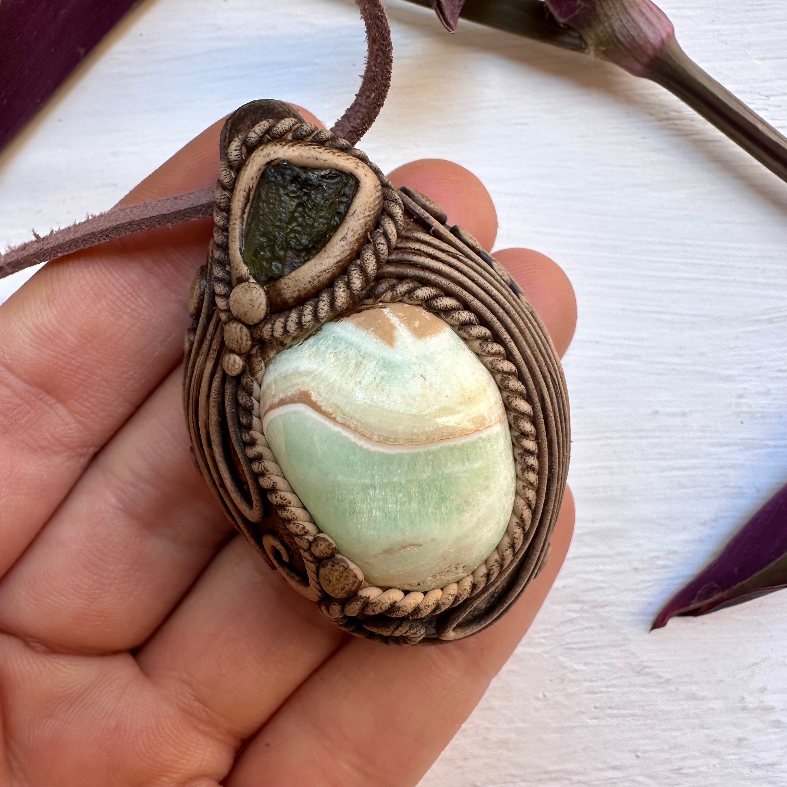 Caribbean Calcite and Moldavite Necklace - FairyGardenGlow