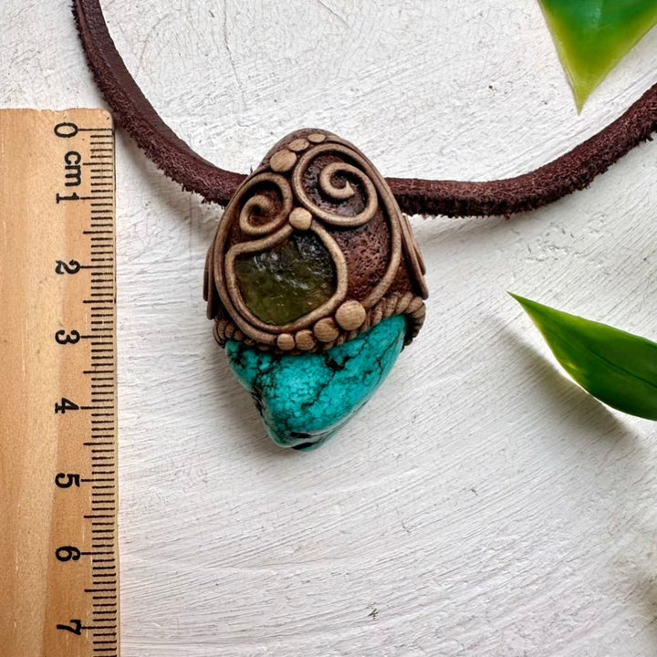 Turquoise and Moldavite Necklace, Handmade Unisex Pendant FairyGardenGlow