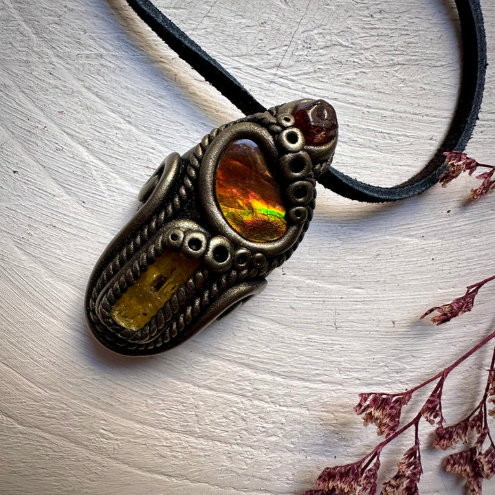 Ammolite Heliodor and Hessonite Garnet Necklace - FairyGardenGlow
