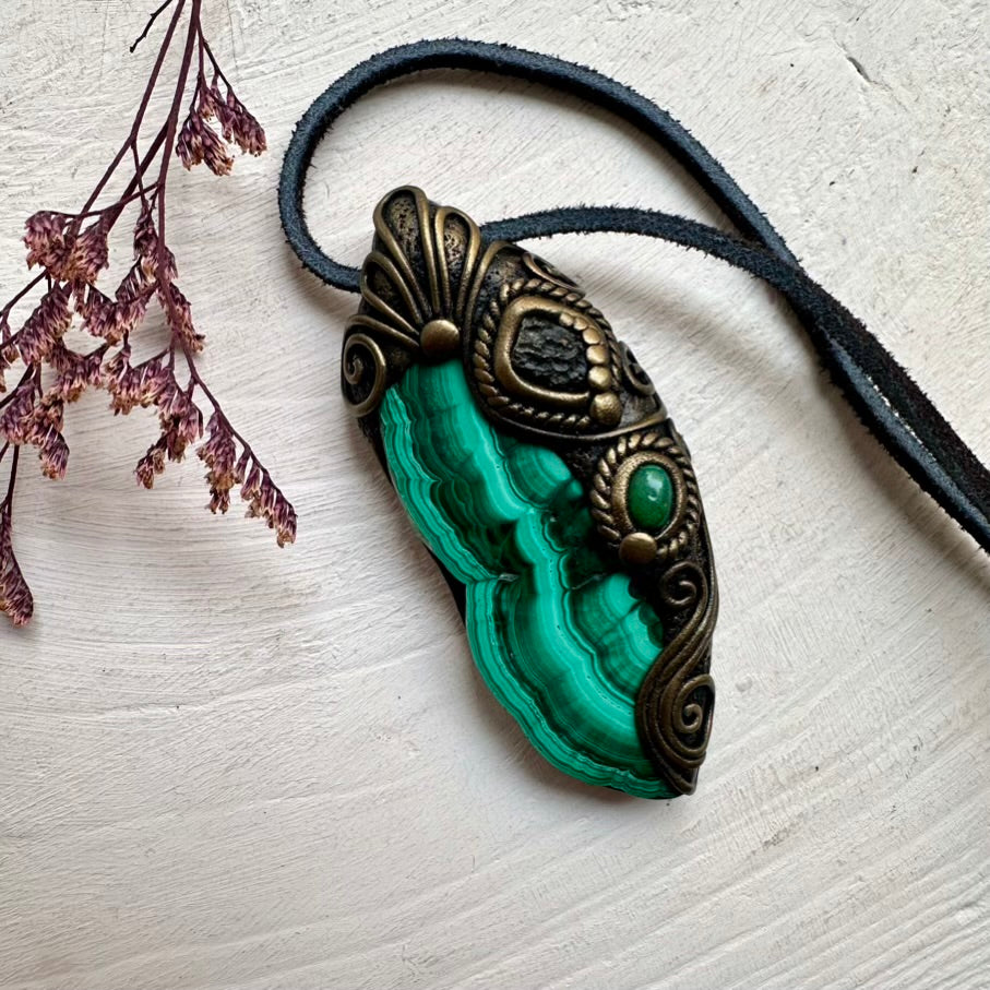 Handmade Crystal Necklace with Malachite Slice, Genuine Raw Moldavite, and Ethiopian Opal