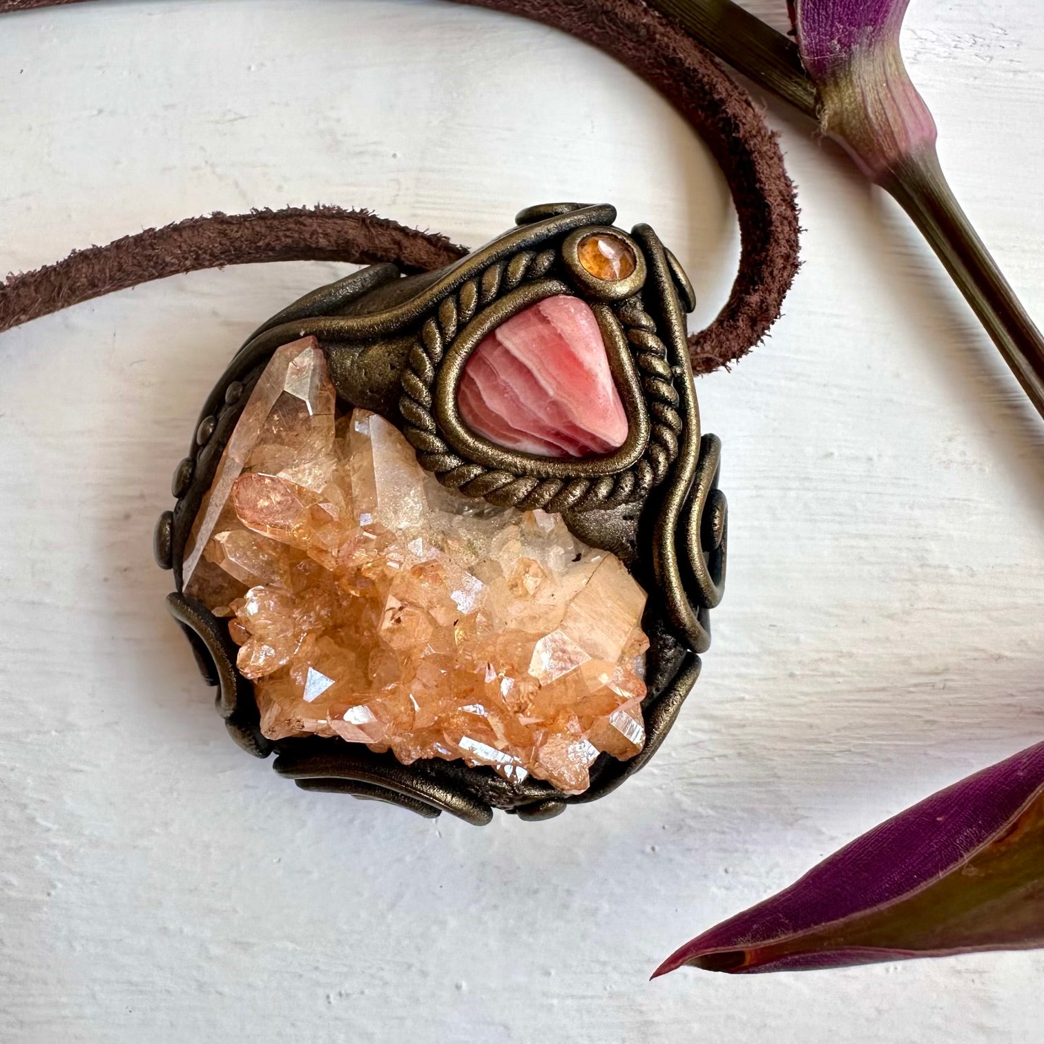 Tangerine Aura Quartz Cluster Rhodochrosite and Imperial Topaz Necklace - FairyGardenGlow