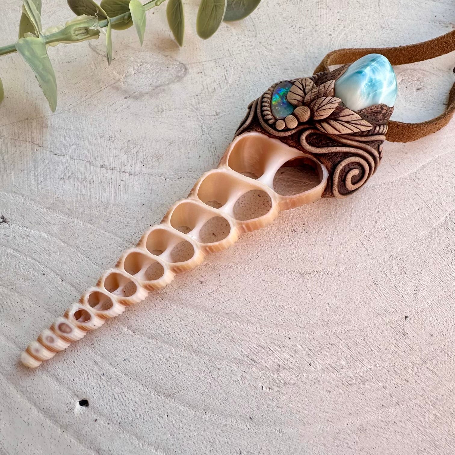 One of a kind seashell necklace with Larimar and Gray Opal