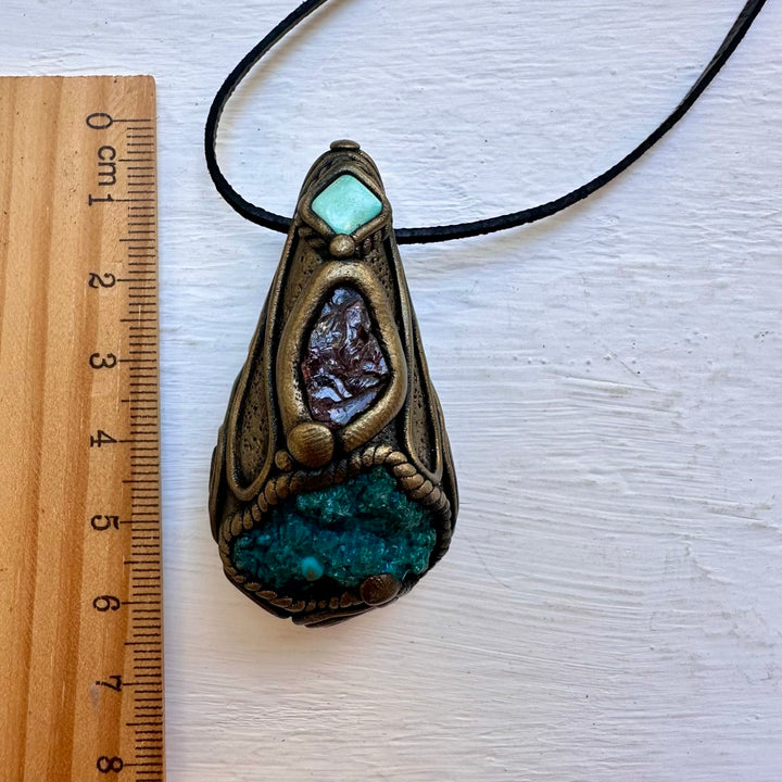 Raw Chrysocolla Red Garnet and Tibetan Turquoise Necklace - FairyGardenGlow