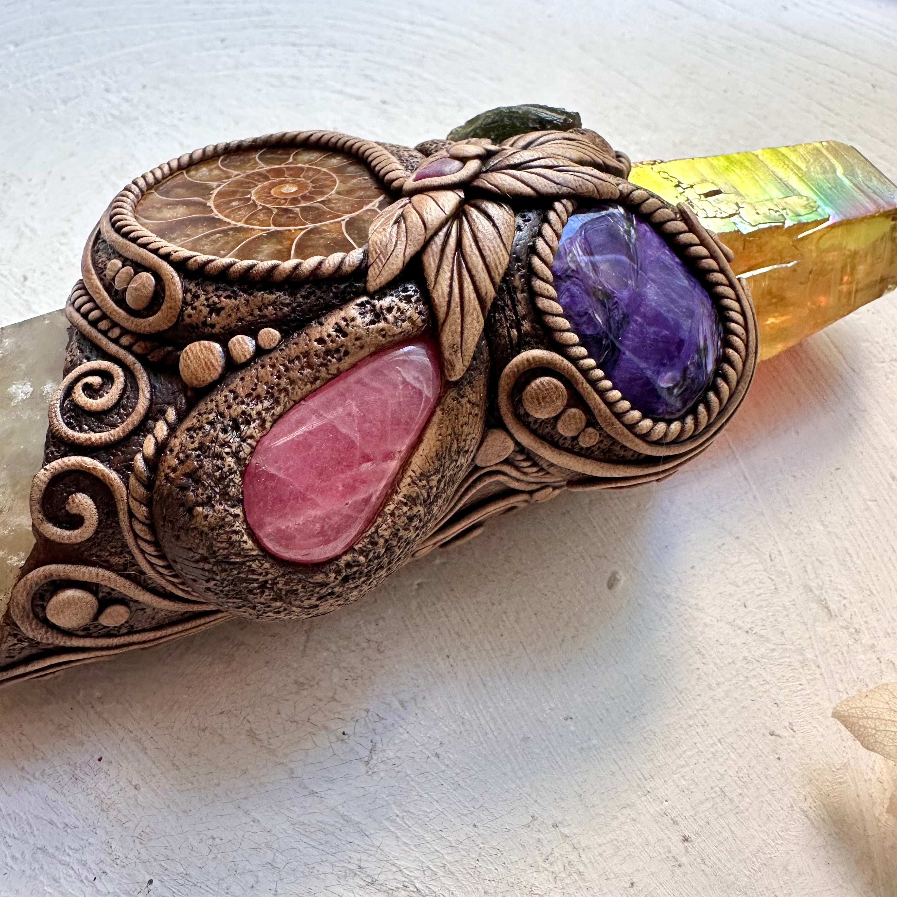 Crystal Wand - Citrine, Sunset Aura Quartz, Ammonite, Rhodochrosite, Charoite, Moldavite and Ruby - FairyGardenGlow