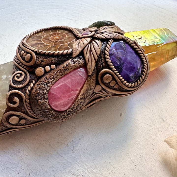Crystal Wand - Citrine, Sunset Aura Quartz, Ammonite, Rhodochrosite, Charoite, Moldavite and Ruby - FairyGardenGlow
