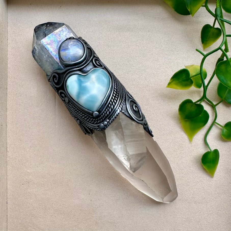 Large Healing Crystal Wand with Lemurian Seed Quartz, Aqua Aura Quartz, Larimar Heart and Rainbow Moonstone FairyGardenGlow