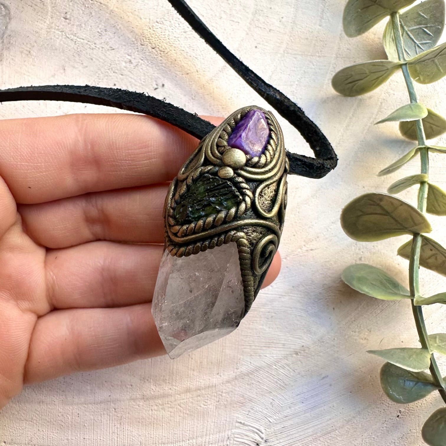 Clear Quartz Moldavite and Charoite Necklace