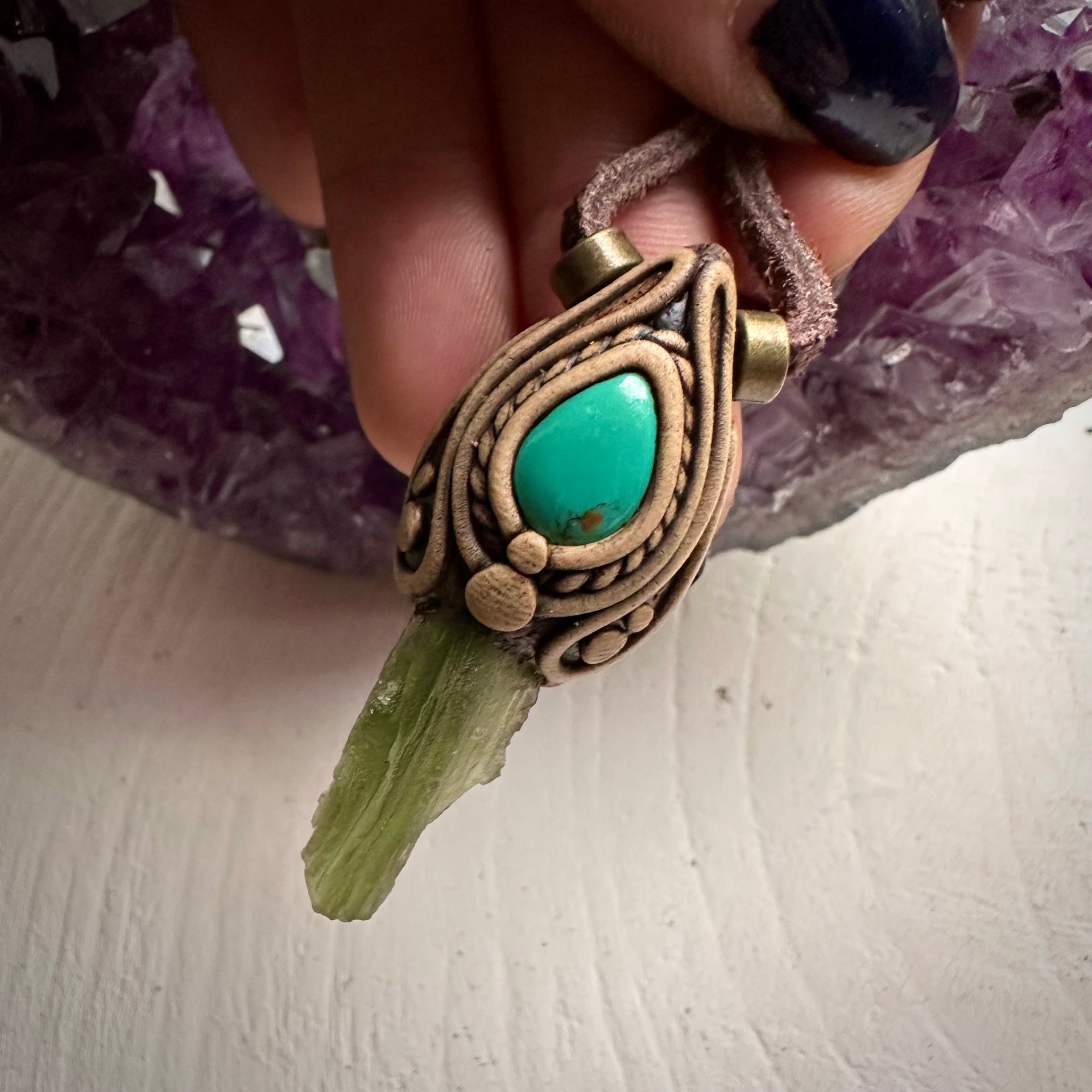 Moldavite and Tibetan Turquoise Pendant Necklace - FairyGardenGlow