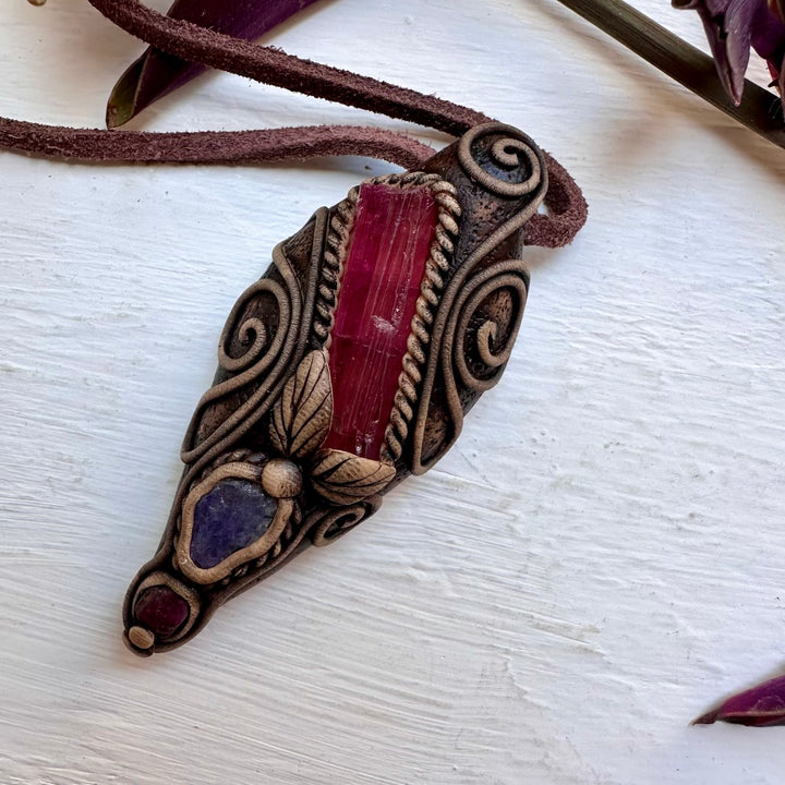 Pink Tourmaline Tanzanite and Ruby Necklace - FairyGardenGlow