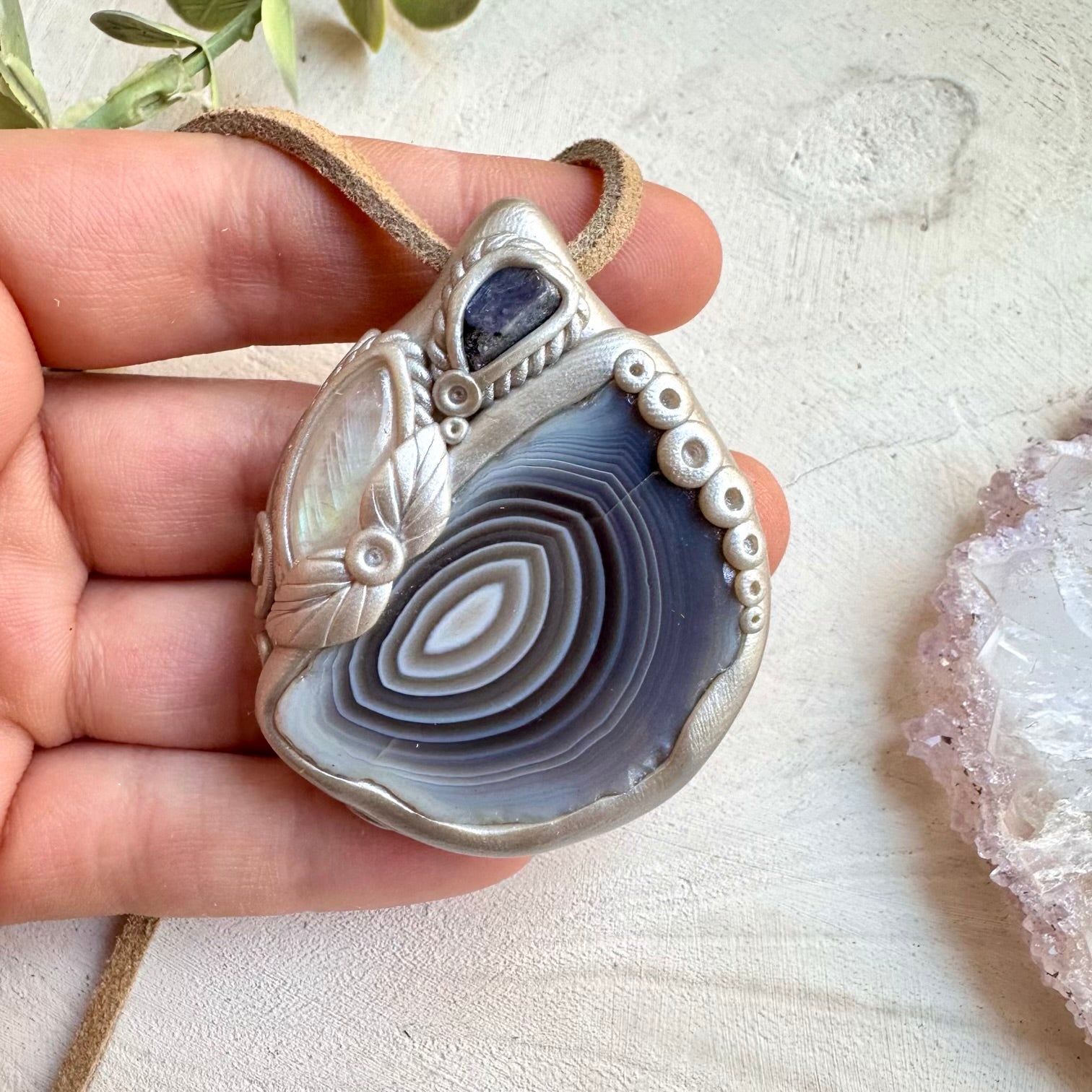 Botswana Agate Rainbow Moonstone and Raw Tanzanite Necklace, Healing Crystal Pendant