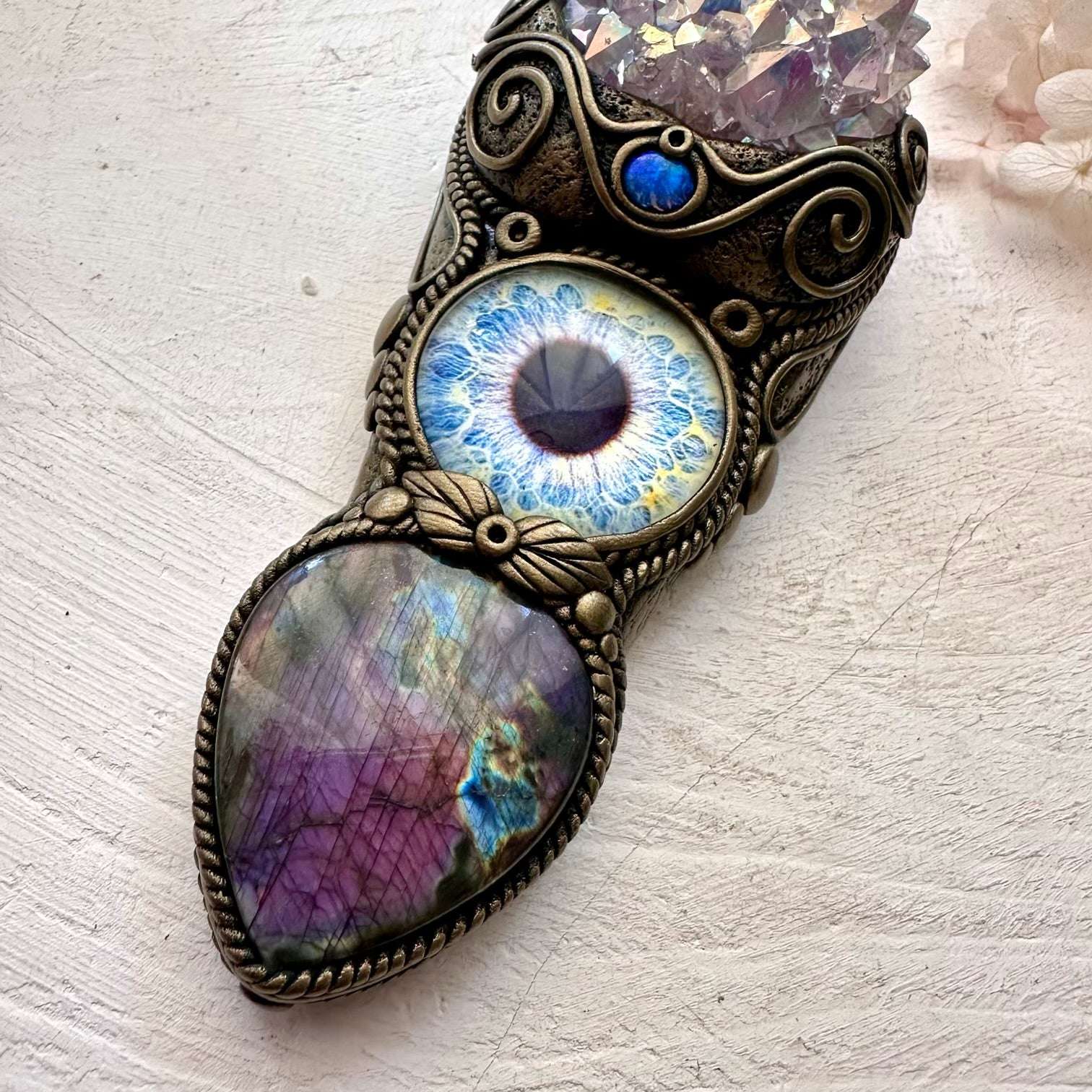 Angel Aura Amethyst Cluster Purple Labradorite and Australian Opal Eye Wand / Pendant - FairyGardenGlow