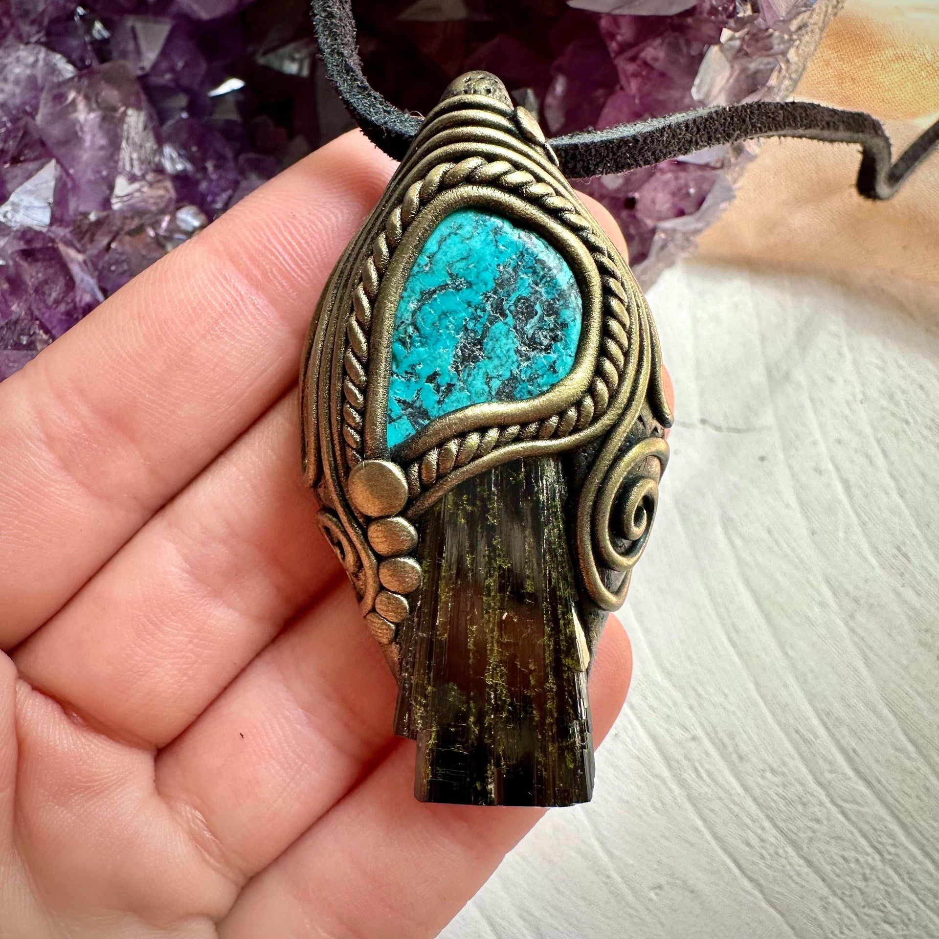 Epidote and Turquoise Pendant Necklace - FairyGardenGlow