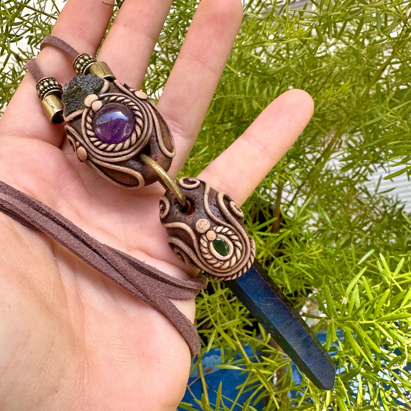 Cobalt Aura Quartz Necklace, Moldavite Amethyst and Emerald Crystal Necklace - FairyGardenGlow