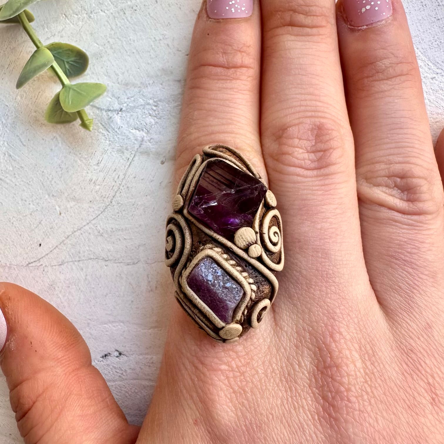 Purple Fluorite and Raw Ruby Adjustable Ring