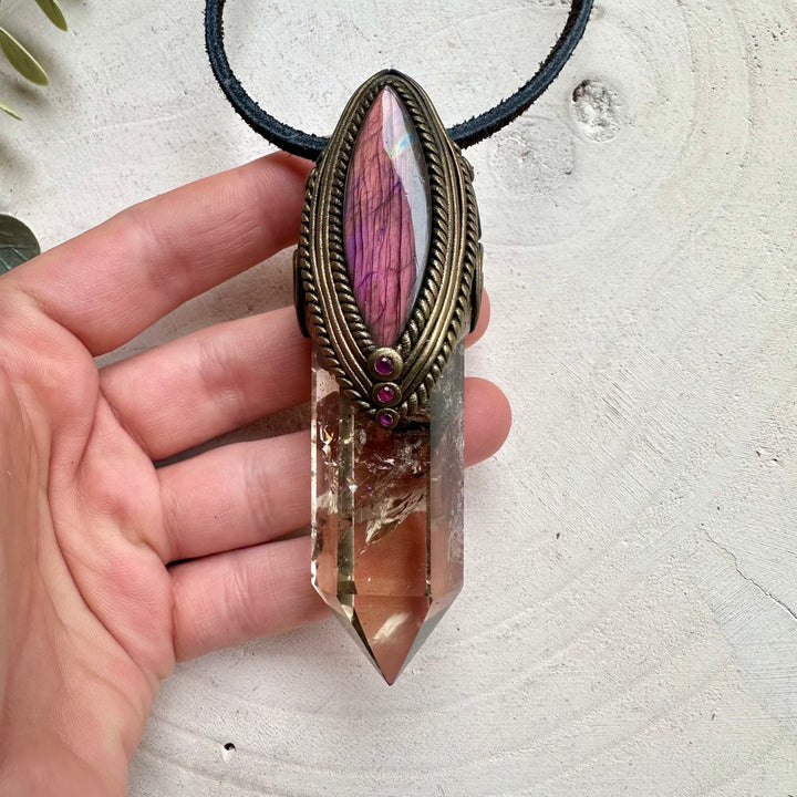 Healing crystal wand necklace with citrine and ruby gemstones
