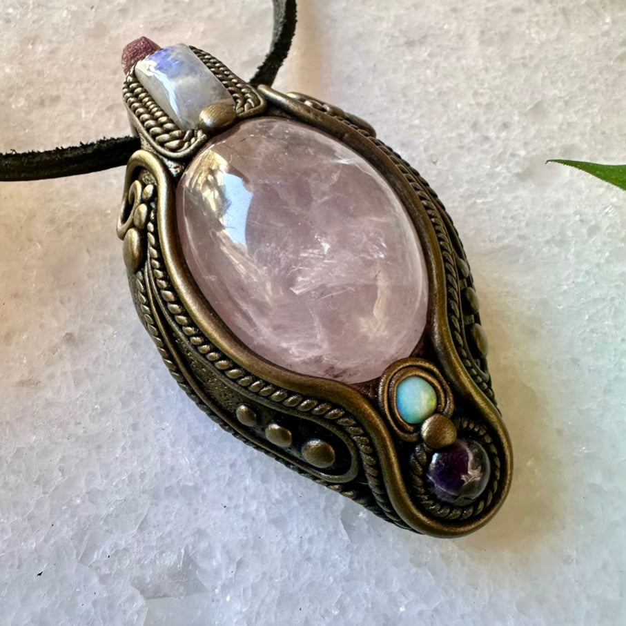 Rose Quartz Amethyst Rainbow Moonstone Ruby and Australian Opal Pendant, Healing Crystal Talisman - FairyGardenGlow