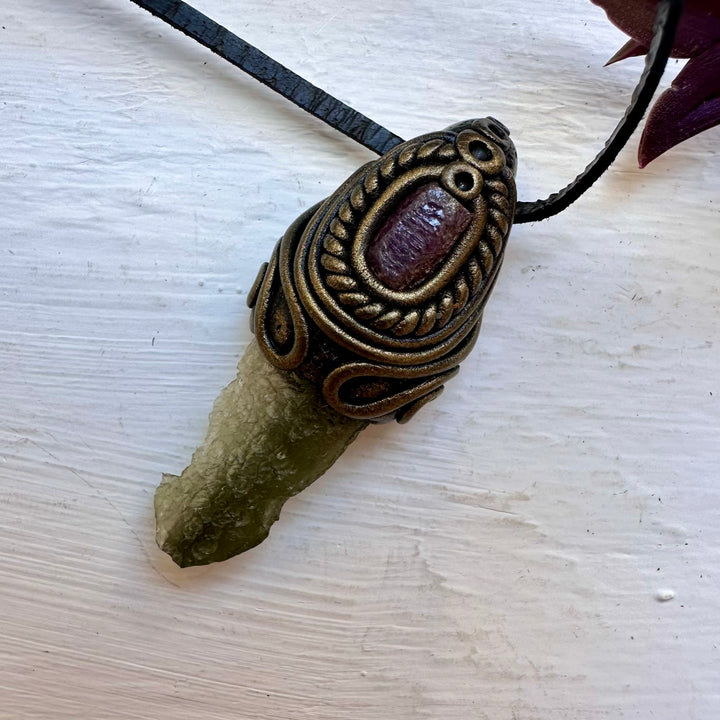 Moldavite and Ruby Necklace - FairyGardenGlow