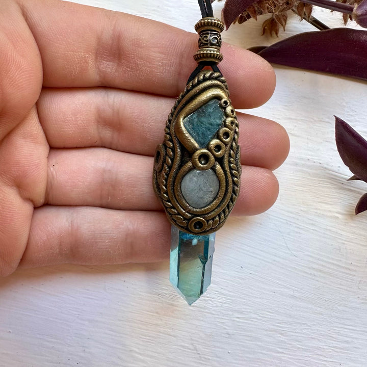 Aqua Aura Quartz Blue Tourmaline and Aquamarine Necklace - FairyGardenGlow
