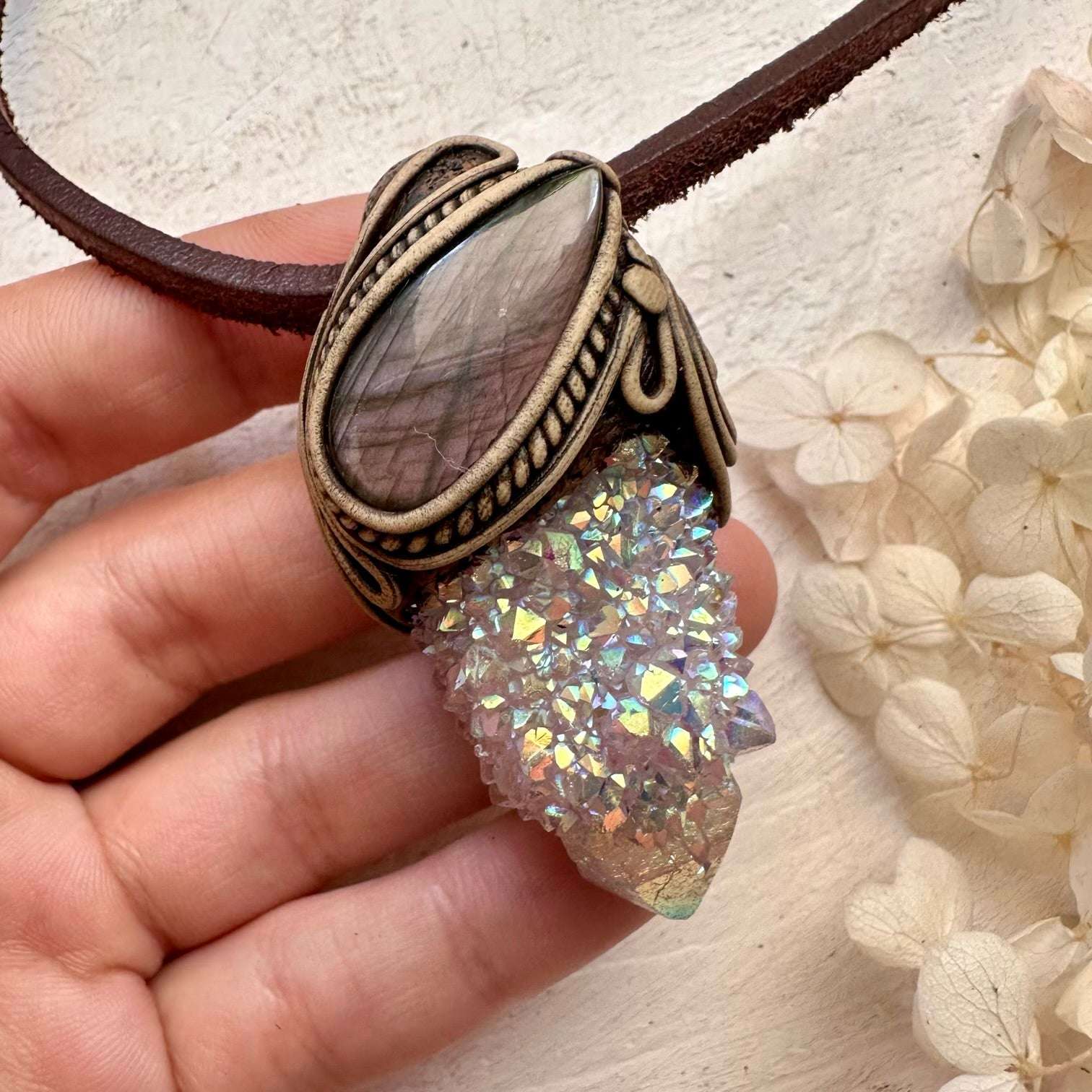 Angel Aura Spirit Quartz and Pink Labradorite Necklace - FairyGardenGlow