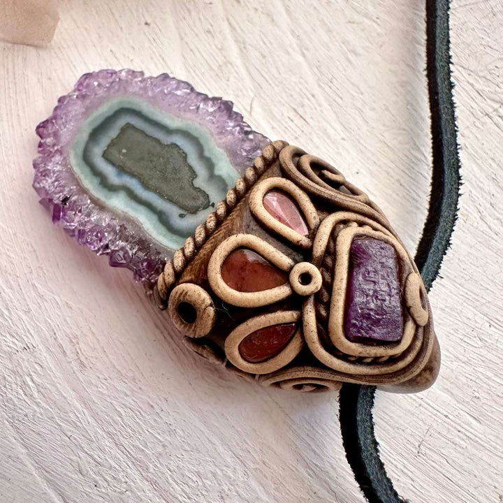 Amethyst Stalactite Ruby and Pink Tourmaline Handmade Crystal Necklace - FairyGardenGlow