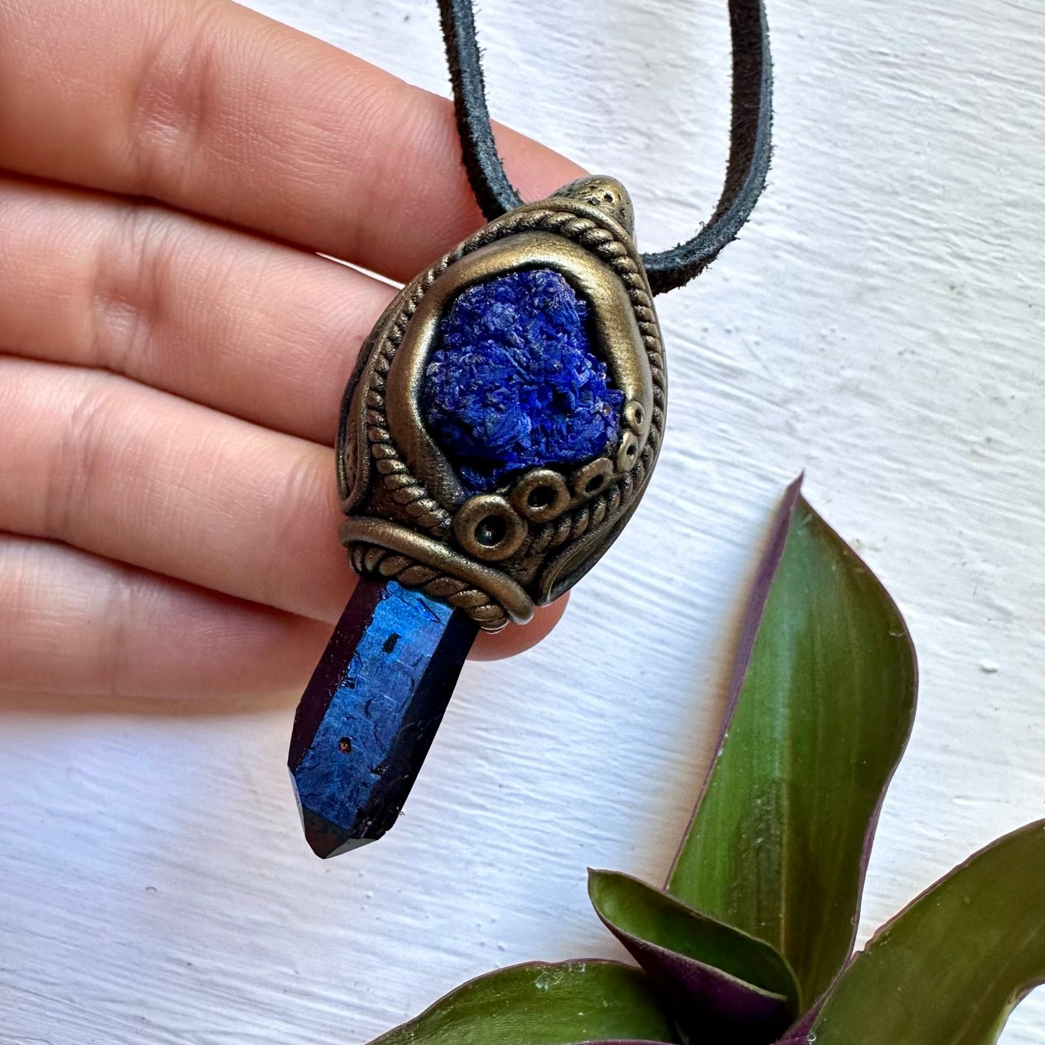 Cobalt Aura Quartz and Azurite Necklace, Healing Crystal Jewelry